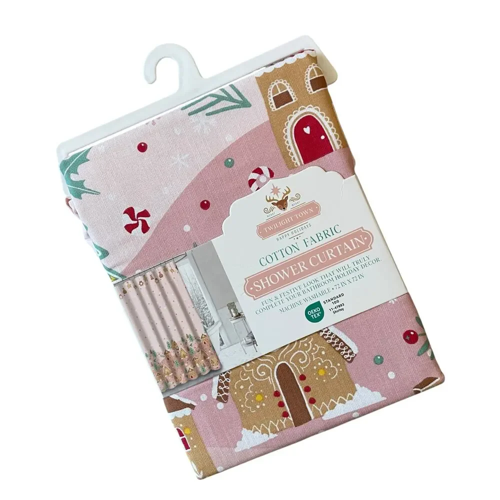 Pink Christmas GINGERBREAD HOUSE Shower Curtain 72x72 Holiday Glam NEW